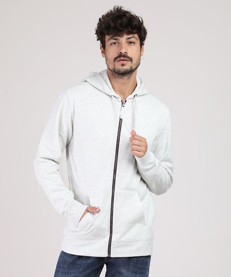 Blusão Masculino Básico em Moletom com Capuz e Bolso Branco