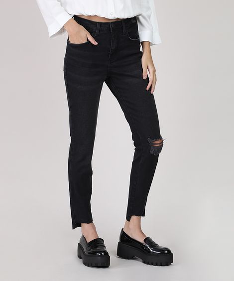 Calça Jeans Feminina Cigarrete Cintura Média com Rasgo Preta