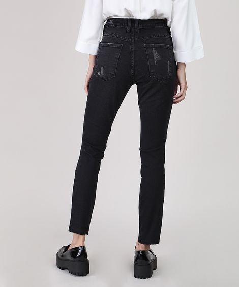Calça Jeans Feminina Cigarrete Cintura Média com Rasgo Preta