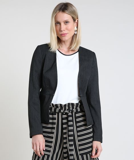 Blazer Feminino Listrado com Bolsos Preto