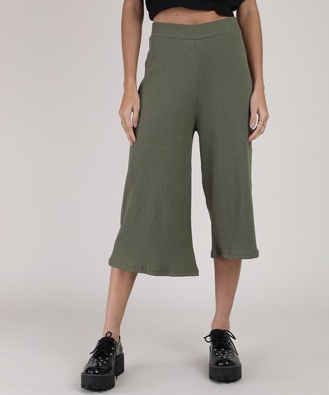 Calça Feminina Pantacourt Cintura Super Alta Canelada Verde Militar