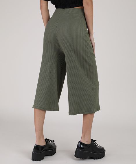 Calça Feminina Pantacourt Cintura Super Alta Canelada Verde Militar