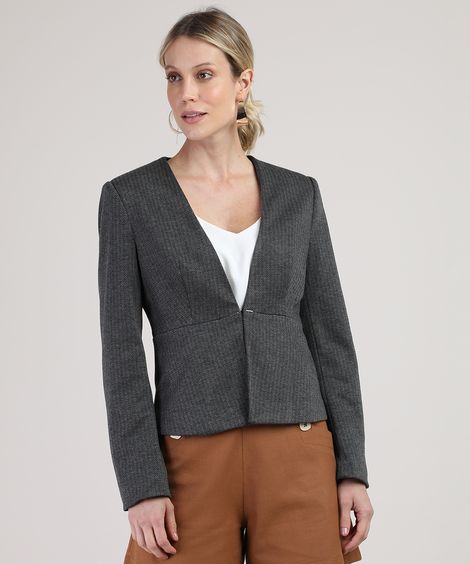 Blazer Feminino Estampado Chevron com Aviamento Cinza Mescla Escuro