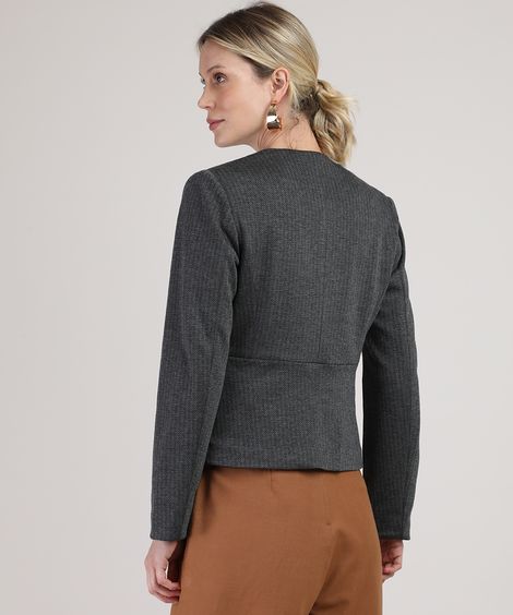 Blazer Feminino Estampado Chevron com Aviamento Cinza Mescla Escuro