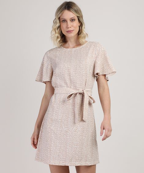 Vestido Feminino Curto Estampado Animal Print Onça com Faixa para Amarrar Manga Curta Branco