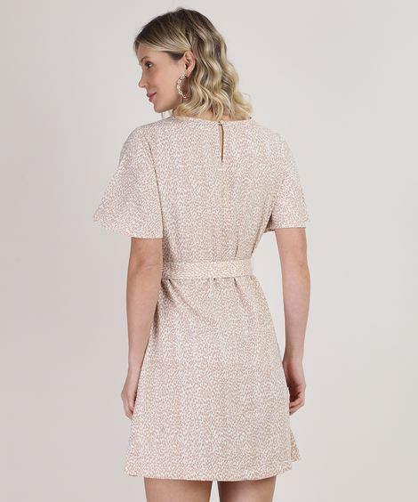Vestido Feminino Curto Estampado Animal Print Onça com Faixa para Amarrar Manga Curta Branco