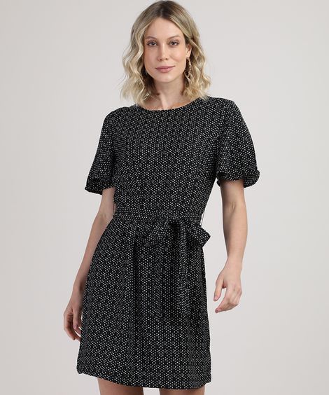 Vestido Feminino Curto Estampado Geométrico com Faixa para Amarrar Manga Curta Preto