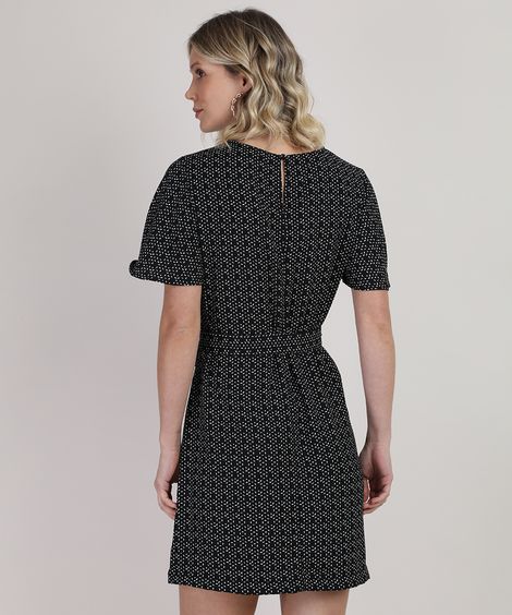 Vestido Feminino Curto Estampado Geométrico com Faixa para Amarrar Manga Curta Preto