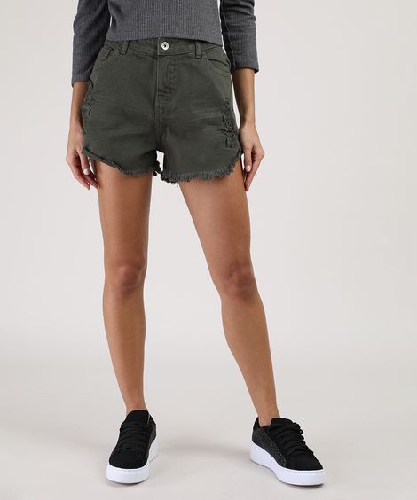 Short de Sarja Juvenil Destroyed com Barra Desfiada Verde Militar