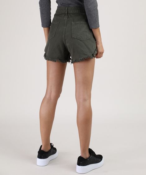 Short de Sarja Juvenil Destroyed com Barra Desfiada Verde Militar