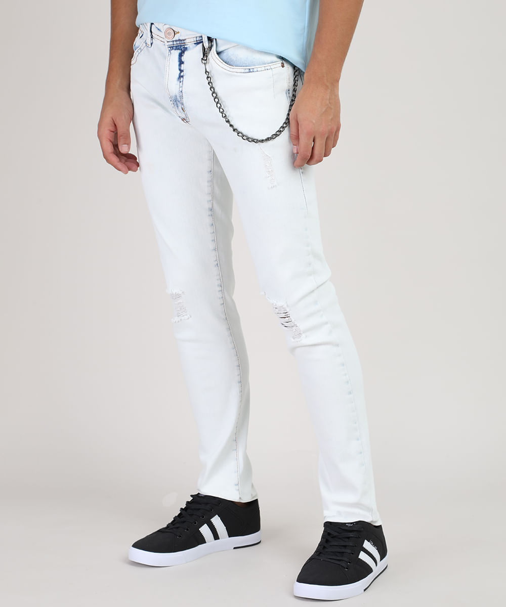 Calça Jeans Masculina Skinny com Rasgos e Corrente Azul Claro Menor preço em Calça Jeans Masculina Skinny com Rasgos e Corrente Azul Claro