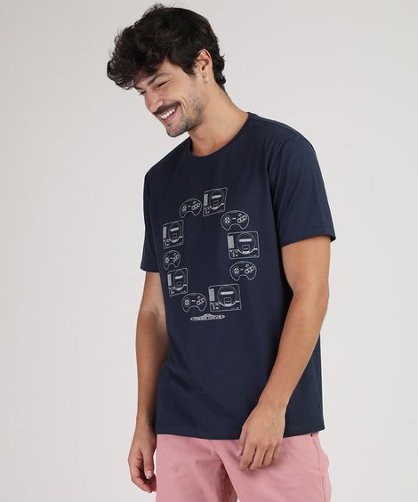 Camiseta Masculina Mega Drive Sega Manga Curta Gola Careca Azul Marinho