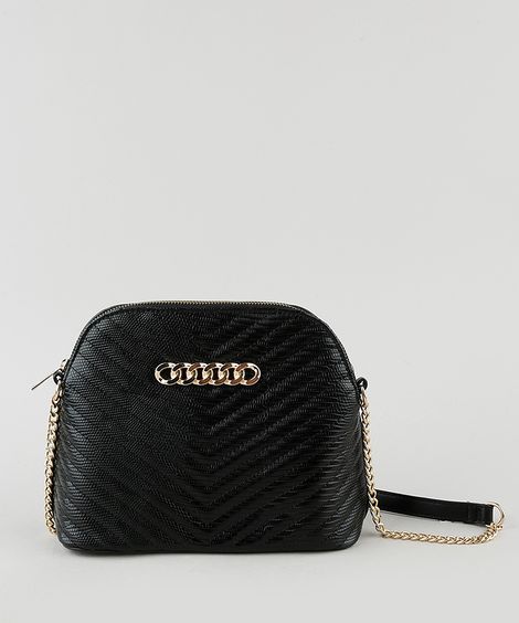 Bolsa Feminina Transversal Média Matelassê com Corrente Preta