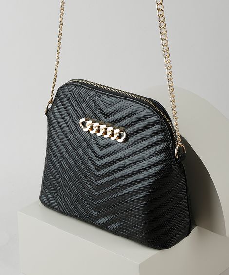 Bolsa Feminina Transversal Média Matelassê com Corrente Preta