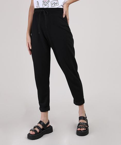Calça de Moletom Feminina Cintura Media Barra Dobrada  Preta