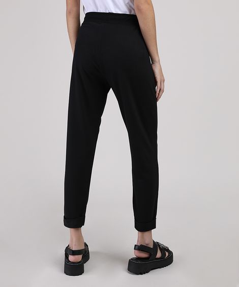 Calça de Moletom Feminina Cintura Media Barra Dobrada  Preta