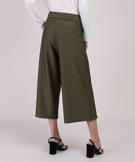 Calça Feminina Pantacourt Cintura Alta com Cinto Verde Militar