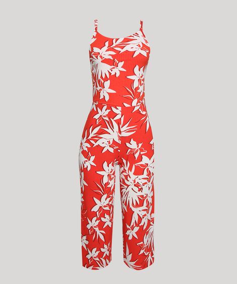 Macacão Feminino Pantacourt Canelado Estampado de Folhagem Alça Fina Laranja