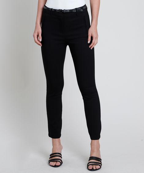 Calça Feminina Skinny com Cinto Animal Print Cobra Preta