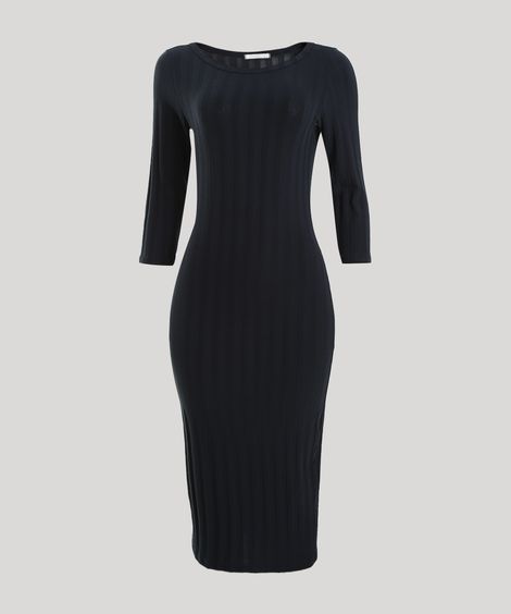 Vestido Feminino Midi Canelado Manga 3/4 Preto