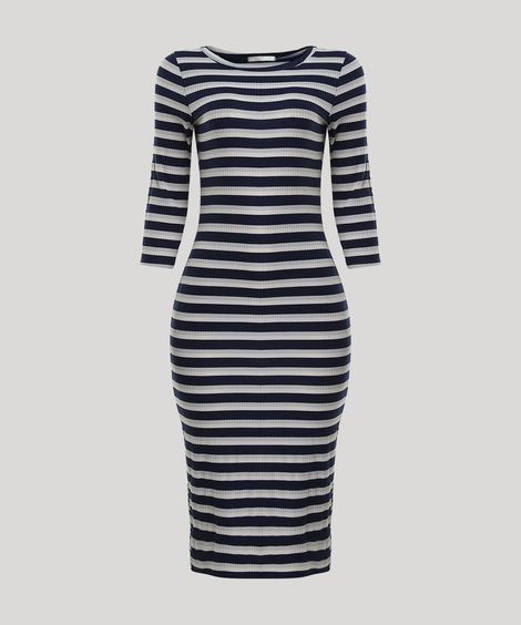 Vestido Feminino Midi Canelado Listrado Manga 3/4 Azul Marinho
