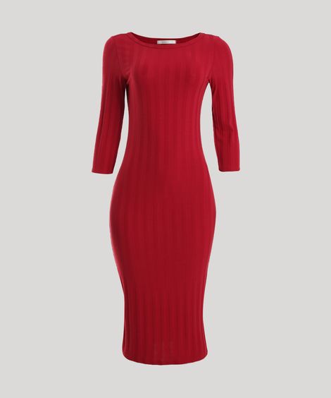 Vestido Feminino Midi Canelado Manga 3/4 Vermelho Escuro
