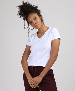 blusa feminina básica flamê manga curta decote v branco
