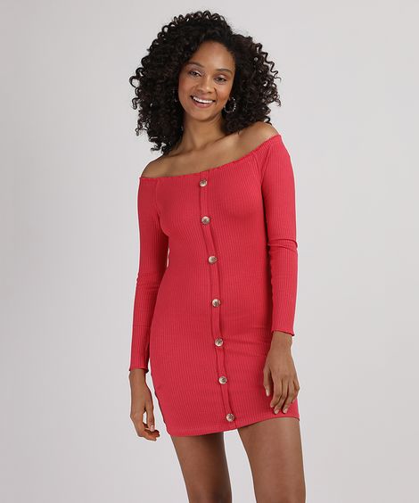 Vestido Feminino Curto Ombro a Ombro Canelado com Botões e Frufru Manga Longa Vermelho