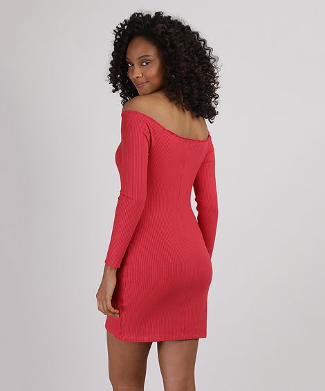 Vestido Feminino Curto Ombro a Ombro Canelado com Botões e Frufru Manga Longa Vermelho