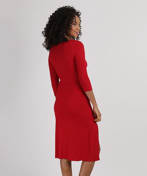 Vestido Feminino Midi Canelado com Fenda Manga 3/4 Vermelho