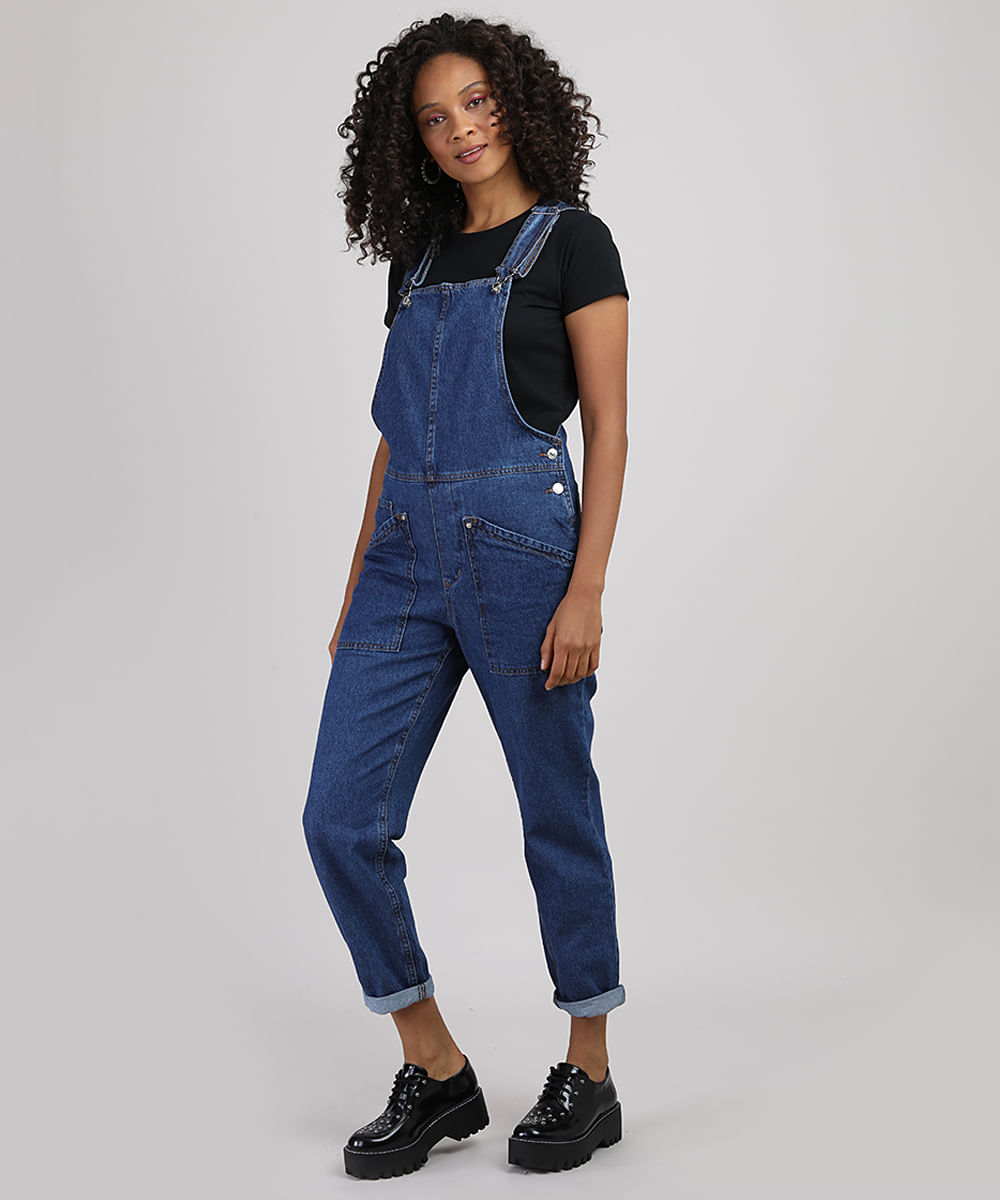 Macacão Jeans Feminino Relaxed com Bolsos Azul Escuro Menor preço em Macacão Jeans Feminino Relaxed com Bolsos Azul Escuro