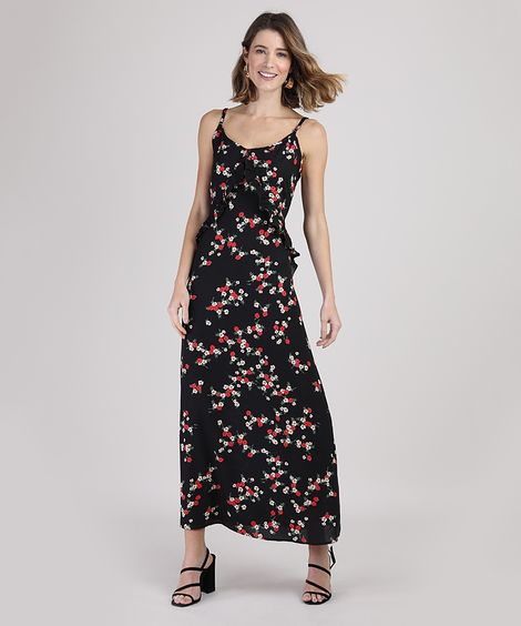 Vestido Feminino Longo Estampado Floral com Babado Alça Fina Preto