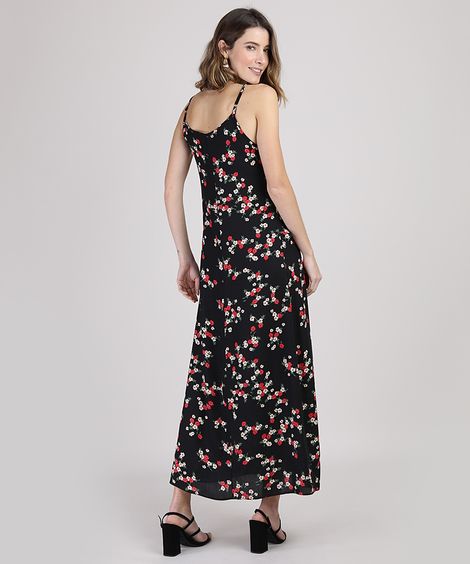 Vestido Feminino Longo Estampado Floral com Babado Alça Fina Preto