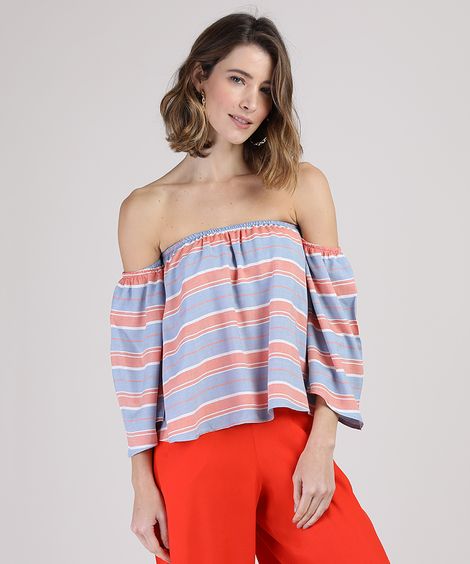 Blusa Feminina Ombro a Ombro Listrada Manga 7/8 Azul Claro