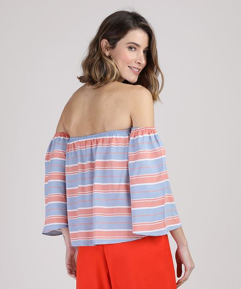 Blusa Feminina Ombro a Ombro Listrada Manga 7/8 Azul Claro