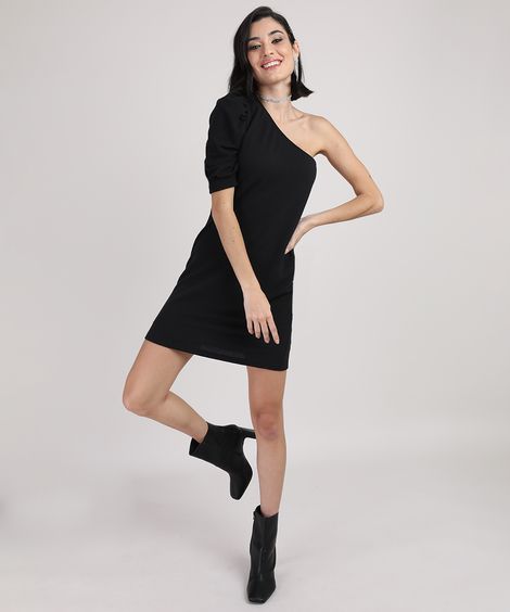Vestido Feminino Curto Um Ombro Só Manga Bufante Preto