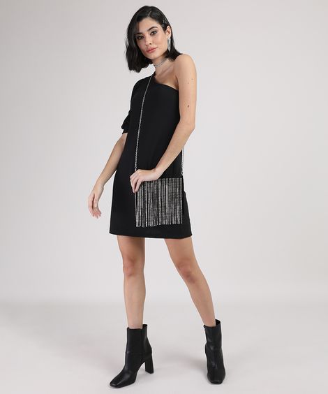 Vestido Feminino Curto Um Ombro Só Manga Bufante Preto