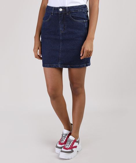 Saia Jeans Feminina Curta com Recorte Azul Escuro