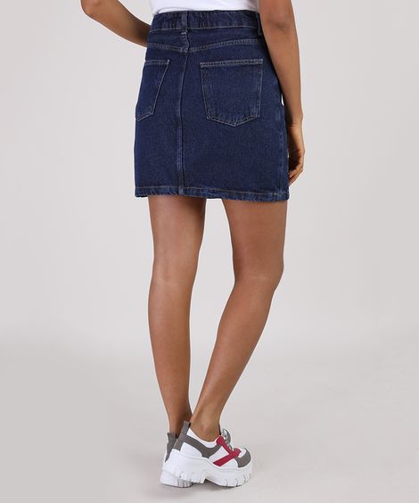 Saia Jeans Feminina Curta com Recorte Azul Escuro