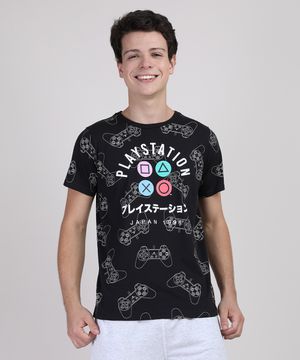 Camiseta Juvenil PlayStation Manga Curta Preta