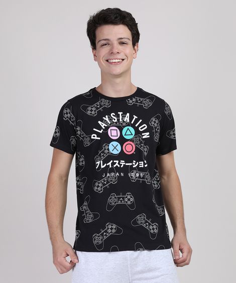 Camiseta Juvenil PlayStation Manga Curta Preta
