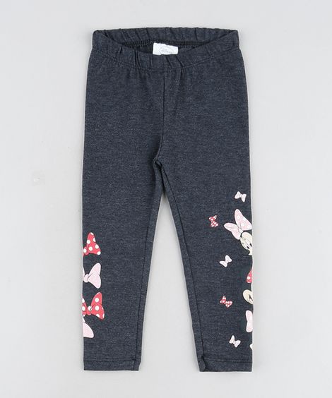 Calça Legging Infantil Minnie com Glitter Cinza Mescla Escuro