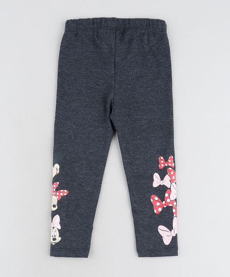 Calça Legging Infantil Minnie com Glitter Cinza Mescla Escuro