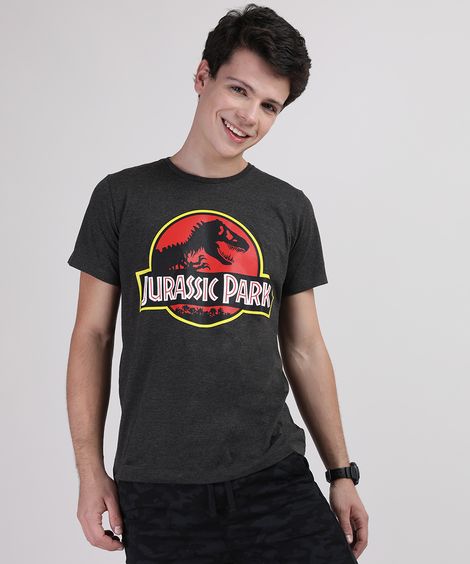 Camiseta Juvenil Jurassic Park Manga Curta Cinza Mescla Escuro