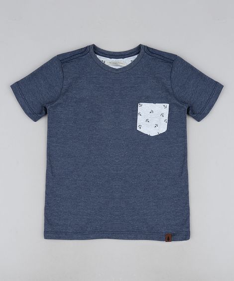 Camiseta Infantil com Bolso Manga Curta  Azul Marinho Mescla