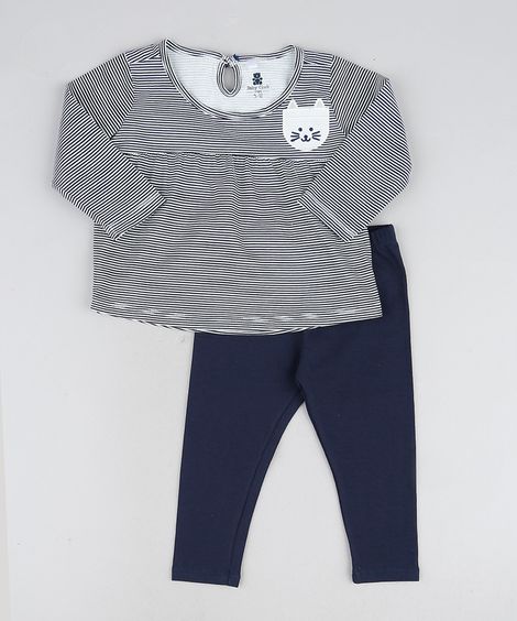 Conjunto Infantil Blusa Listrada Gatinho Manga Longa + Calça Legging Preto