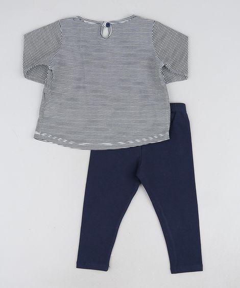Conjunto Infantil Blusa Listrada Gatinho Manga Longa + Calça Legging Preto