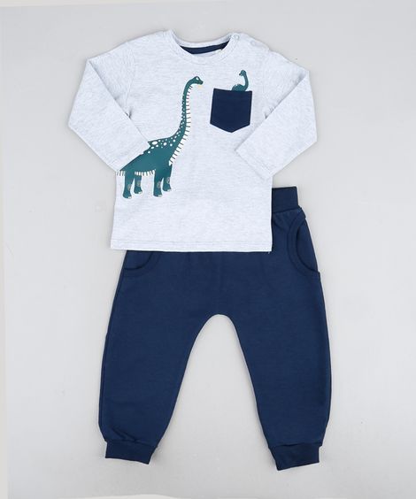 Conjunto infantil Camiseta Dinossauro com Bolso Manga Longa Cinza Mescla + Calça  Azul Marinho