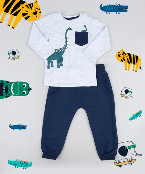 Conjunto infantil Camiseta Dinossauro com Bolso Manga Longa Cinza Mescla + Calça  Azul Marinho