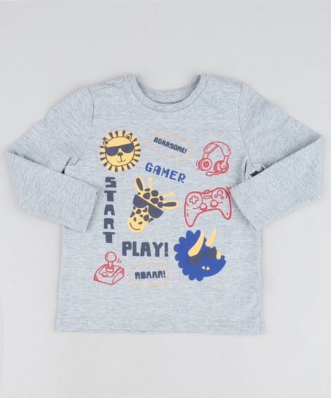 Camiseta Infantil Games Bolso Manga Longa  Cinza Mescla